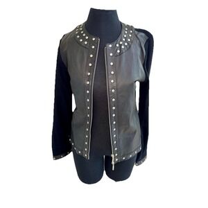 Caprice Women's Leather & Knit Combo Studded Jacket Double Zip Grunge Goth Y2K M